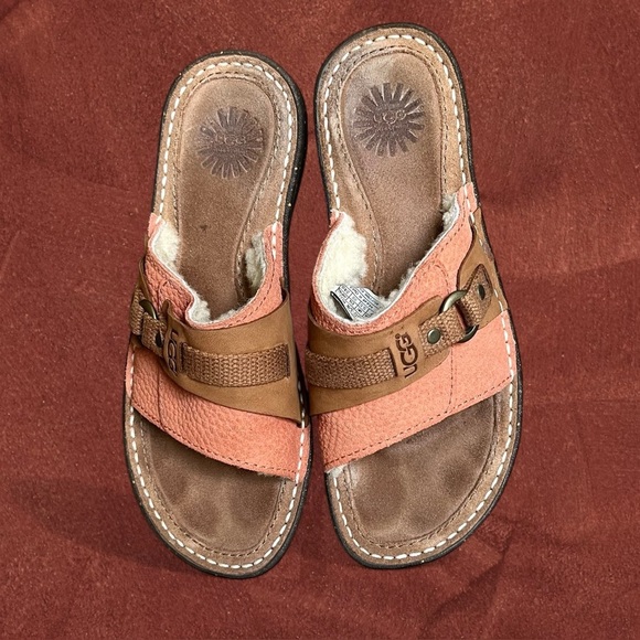 UGG Shoes - UGG Womens Sherpa Lined Fuzzy Leather Sandals Sz 7 Slip On Slides Sheepskin EUC